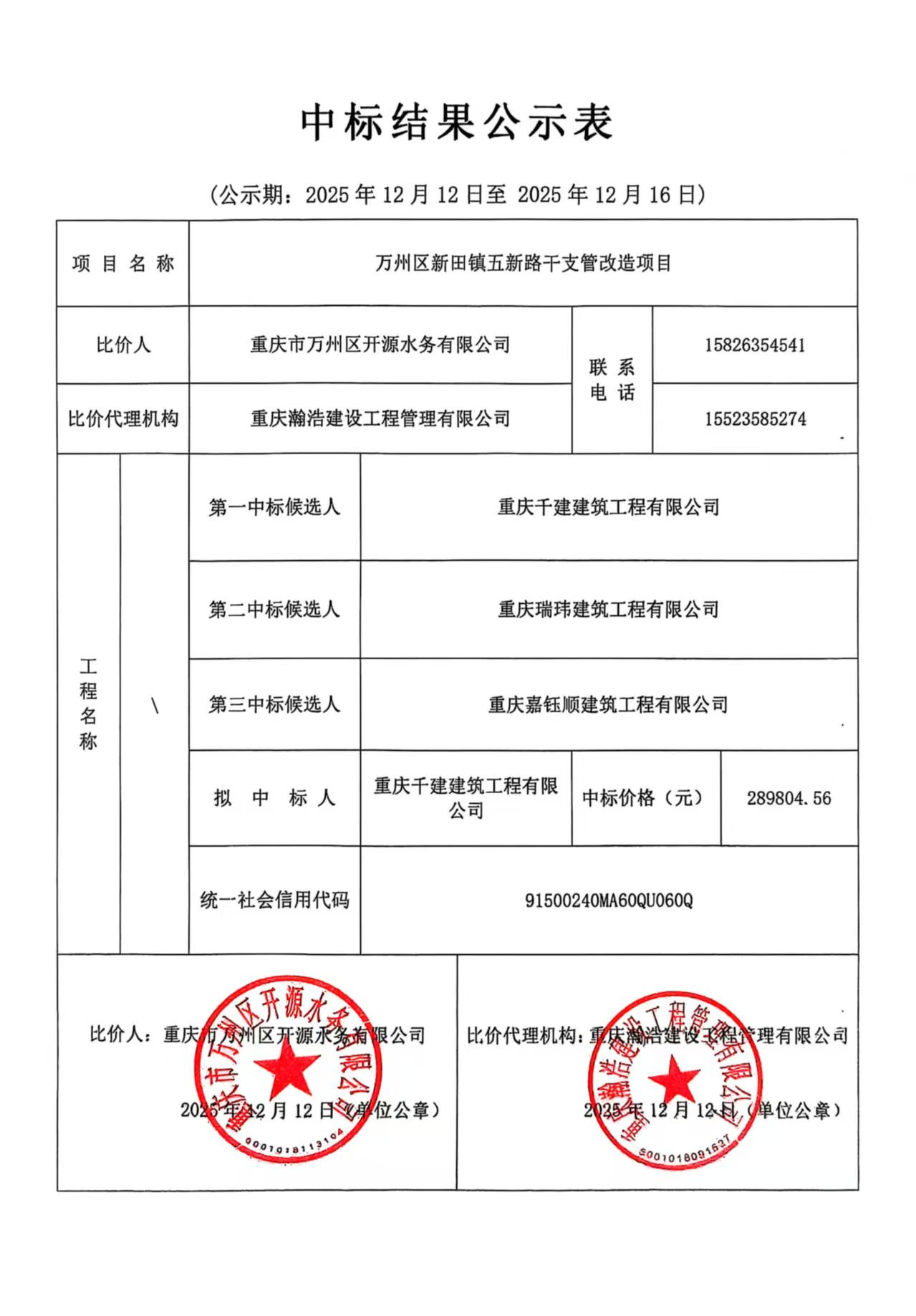 万州区新田镇五新路干支管改造项目施工中标公告