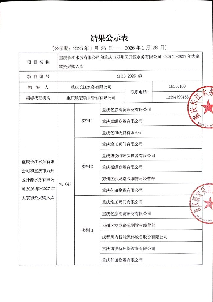 重庆长江水务有限公司和重庆市万州区开源水务有限公司 2026-2027 年大宗物资采购入库中标公告 (包 4)