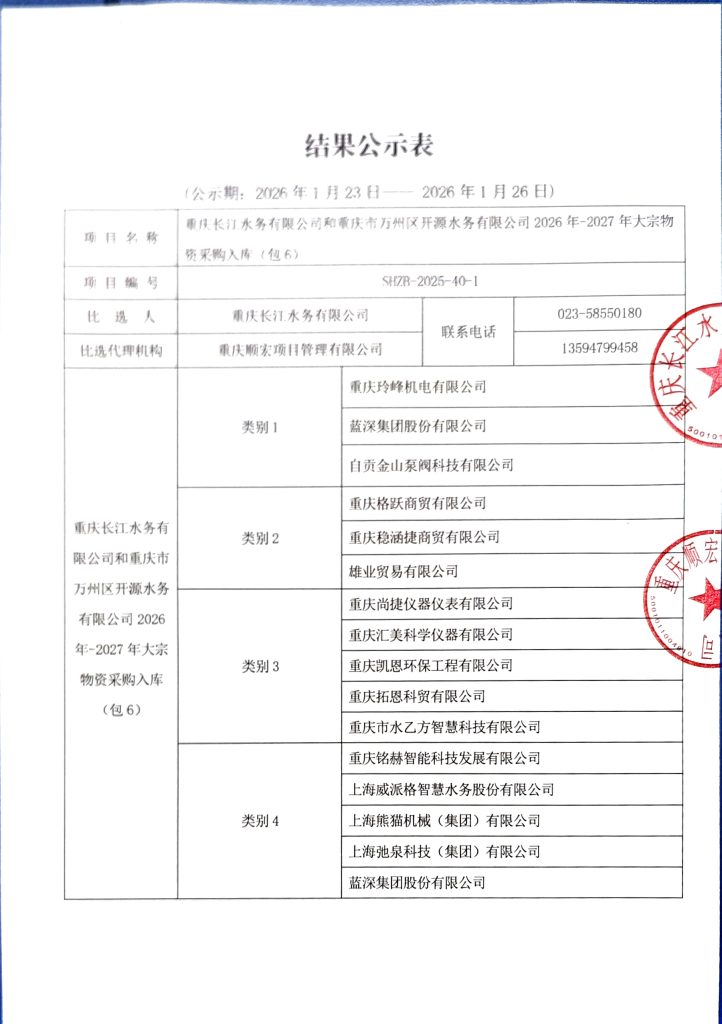 重庆长江水务有限公司和重庆市万州区开源水务有限公司 2026-2027 年大宗物资采购入库中标公告 (包 6)