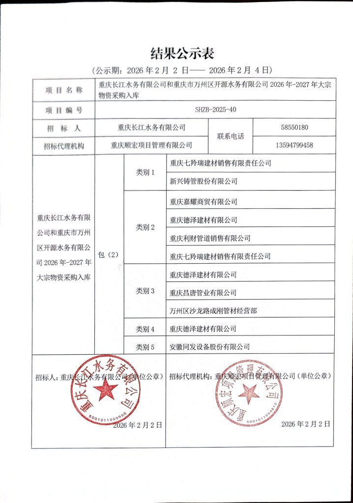 重庆长江水务有限公司和重庆市万州区开源水务有限公司 2026-2027 年大宗物资采购入库中标公告 (包 2)