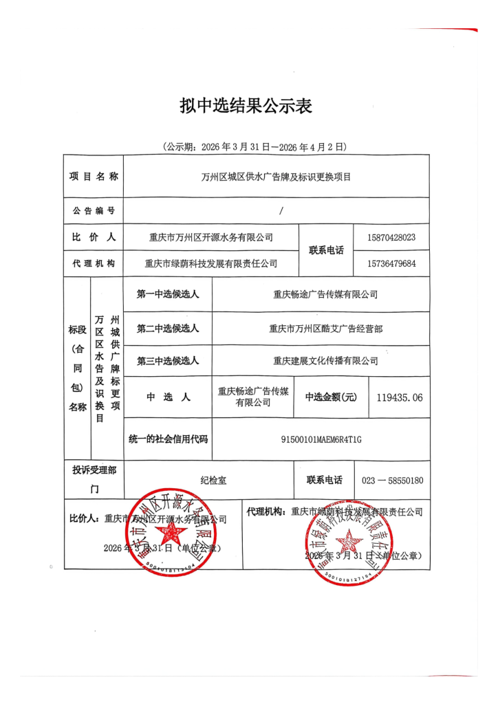 万州区城区供水广告牌及标识更换项拟中选结果公示