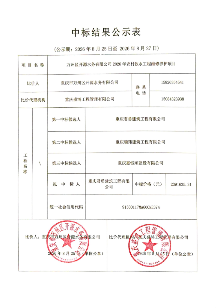 万州区开源水务有限公司 2026 年农村饮水工程维修养护项目中标结果公示